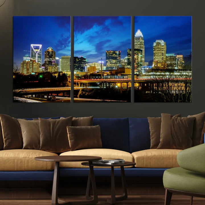 Charlotte City Lights Night Skyline Cityscape Wall Art Canvas Print