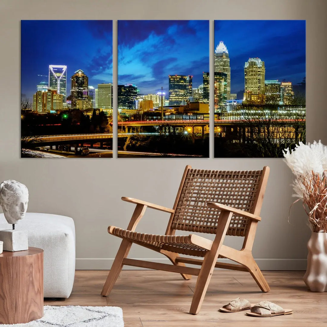 Charlotte City Lights Night Skyline Cityscape Wall Art Canvas Print