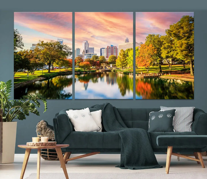 Charlotte City Park Pink and Orange Sunset Framed Canvas Art Print