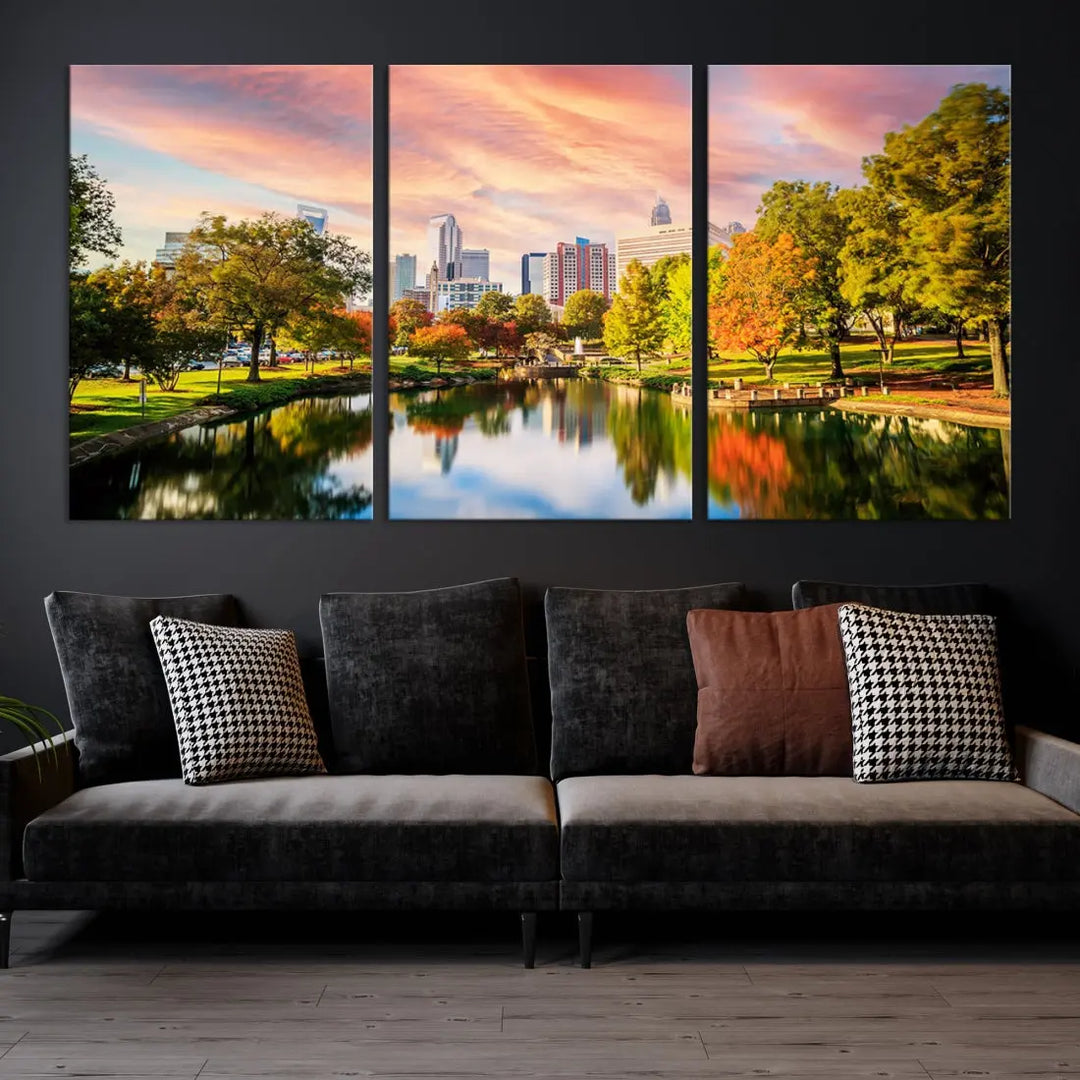 Charlotte City Park Pink and Orange Sunset Framed Canvas Art Print