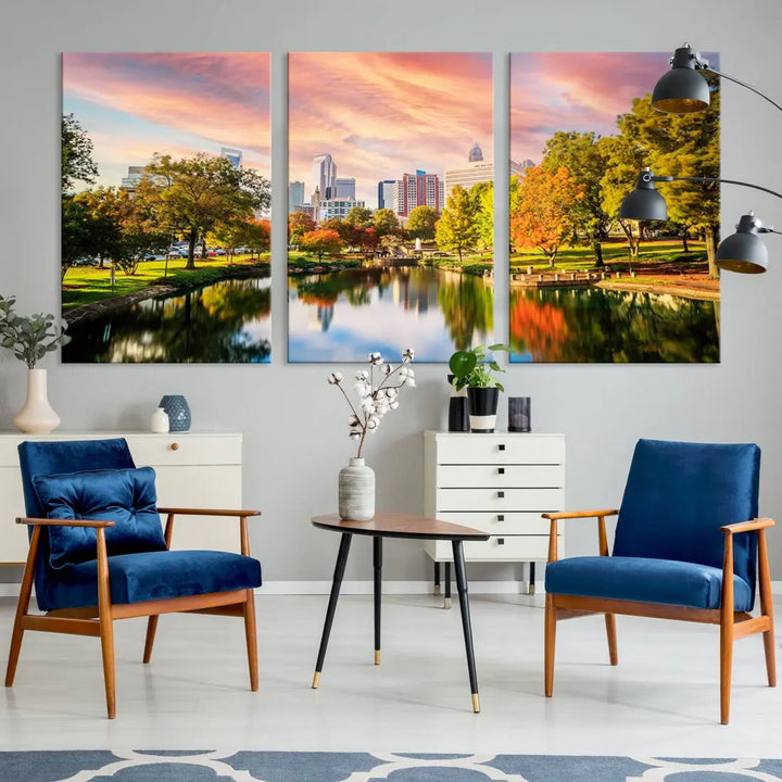 Charlotte City Park Pink and Orange Sunset Framed Canvas Art Print