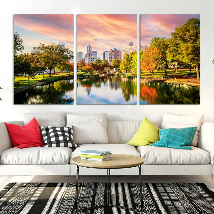 Charlotte City Park Pink and Orange Sunset Framed Canvas Art Print