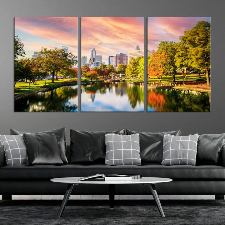 Charlotte City Park Pink and Orange Sunset Framed Canvas Art Print