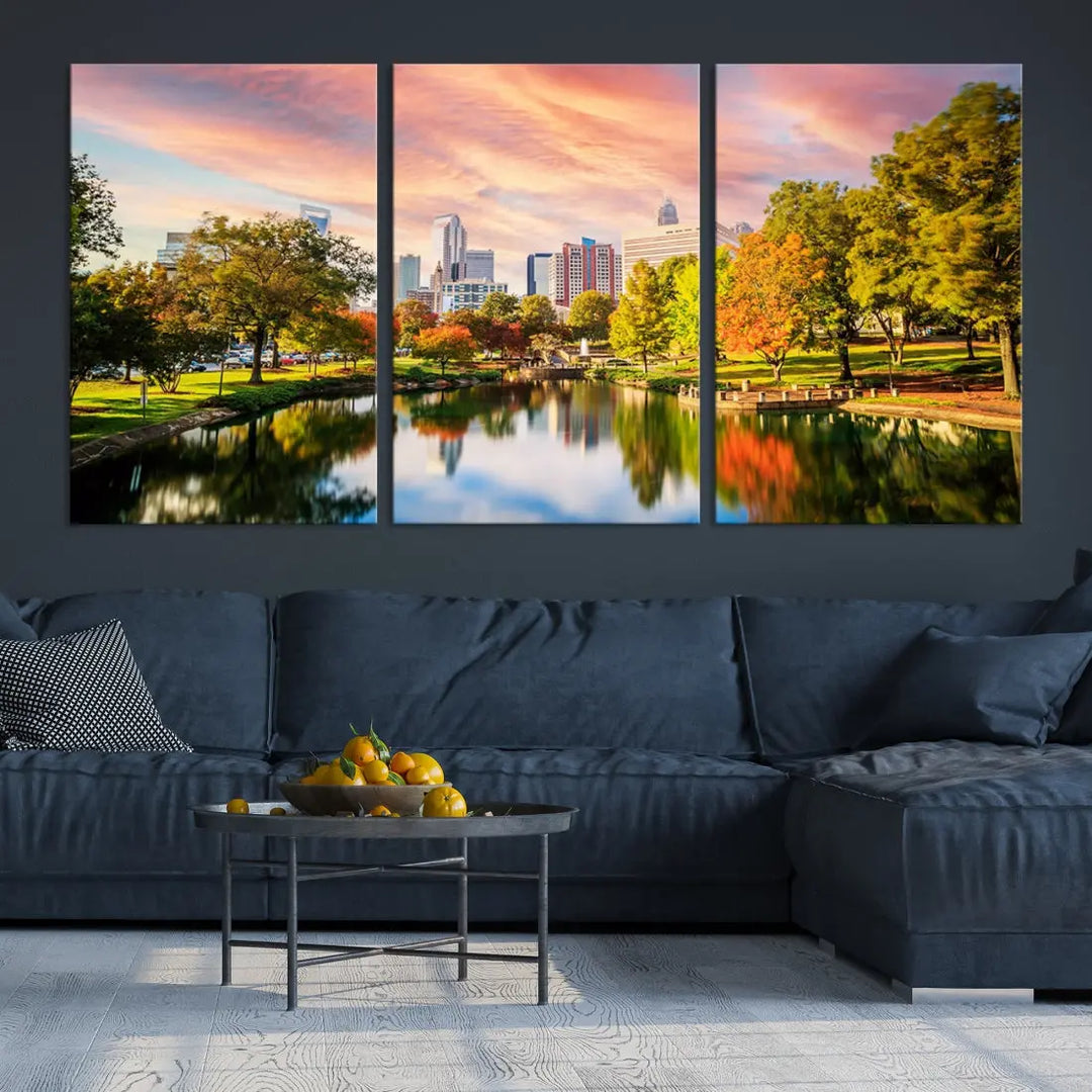 Charlotte City Park Pink and Orange Sunset Framed Canvas Art Print