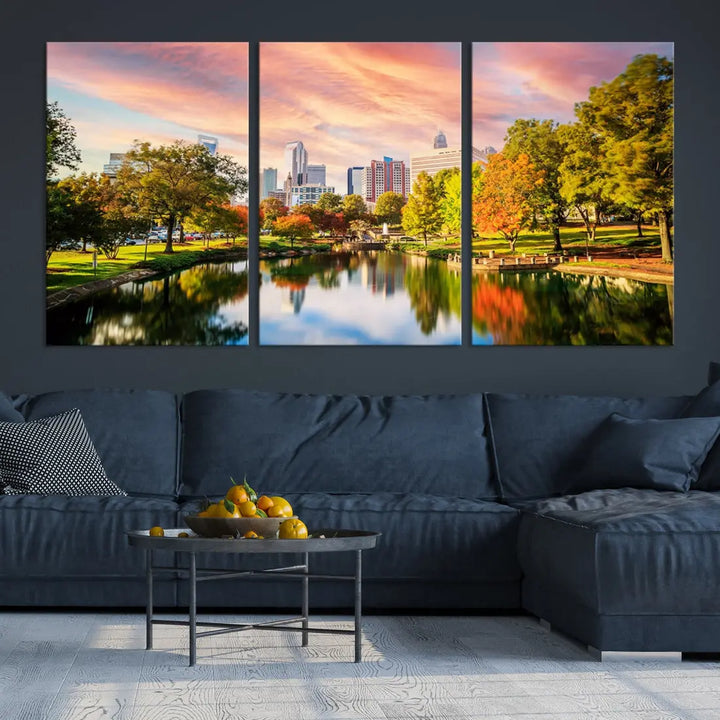 Charlotte City Park Pink and Orange Sunset Framed Canvas Art Print