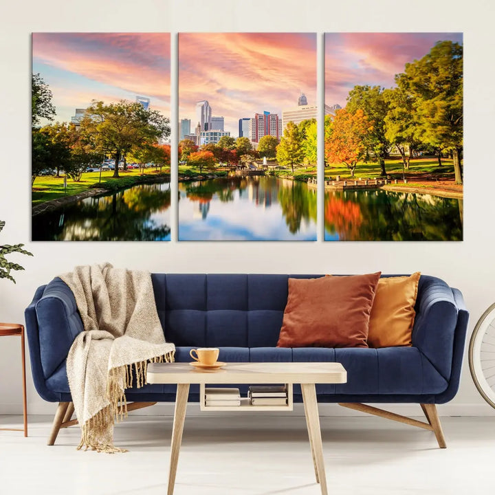 Charlotte City Park Pink and Orange Sunset Framed Canvas Art Print