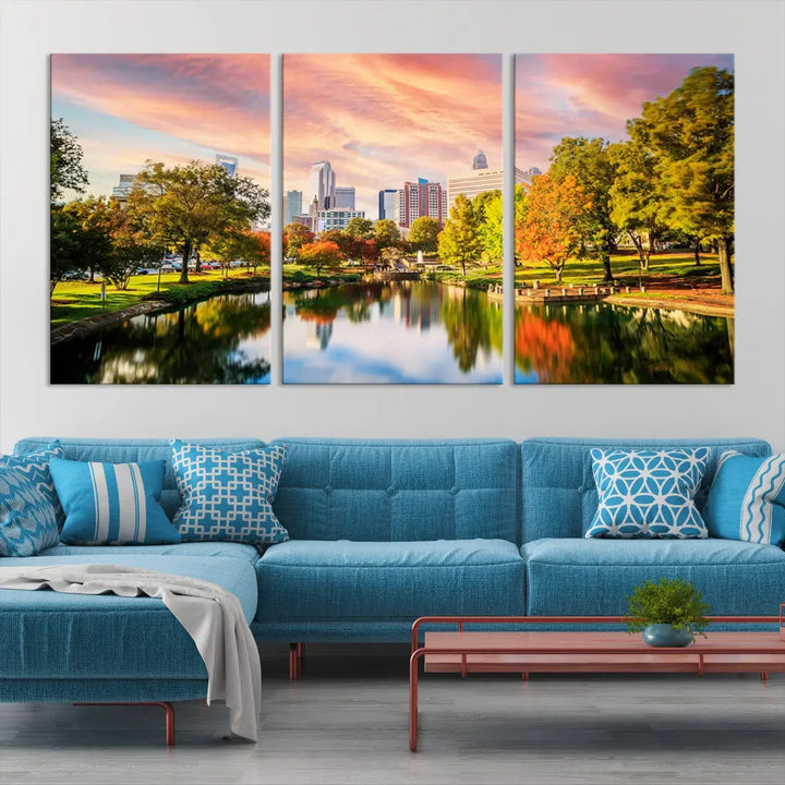 Charlotte City Park Pink and Orange Sunset Framed Canvas Art Print