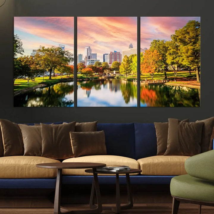 Charlotte City Park Pink and Orange Sunset Framed Canvas Art Print