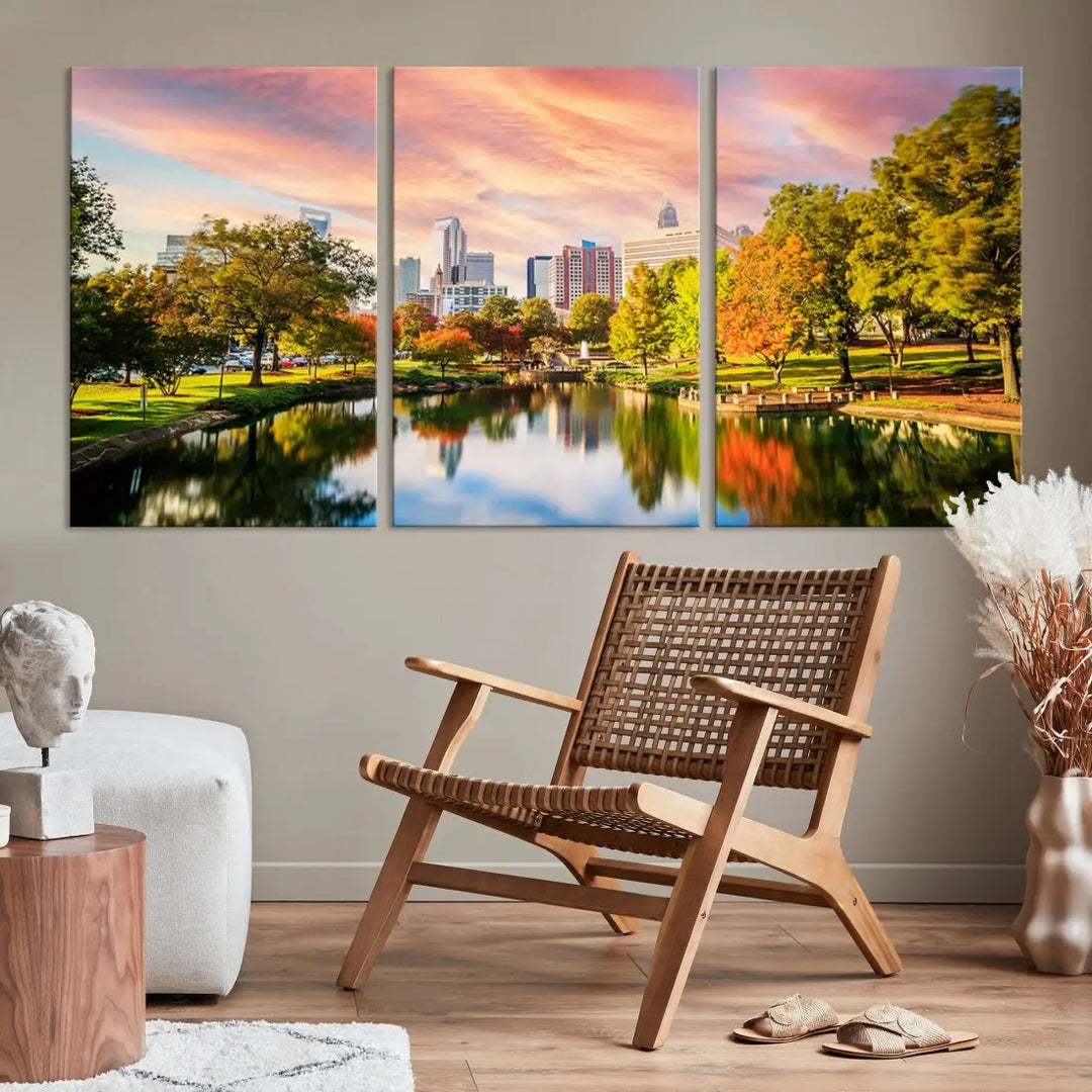 Charlotte City Park Pink and Orange Sunset Framed Canvas Art Print