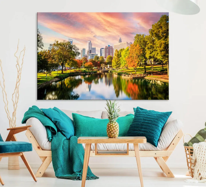 Charlotte City Park Pink and Orange Sunset Framed Canvas Art Print