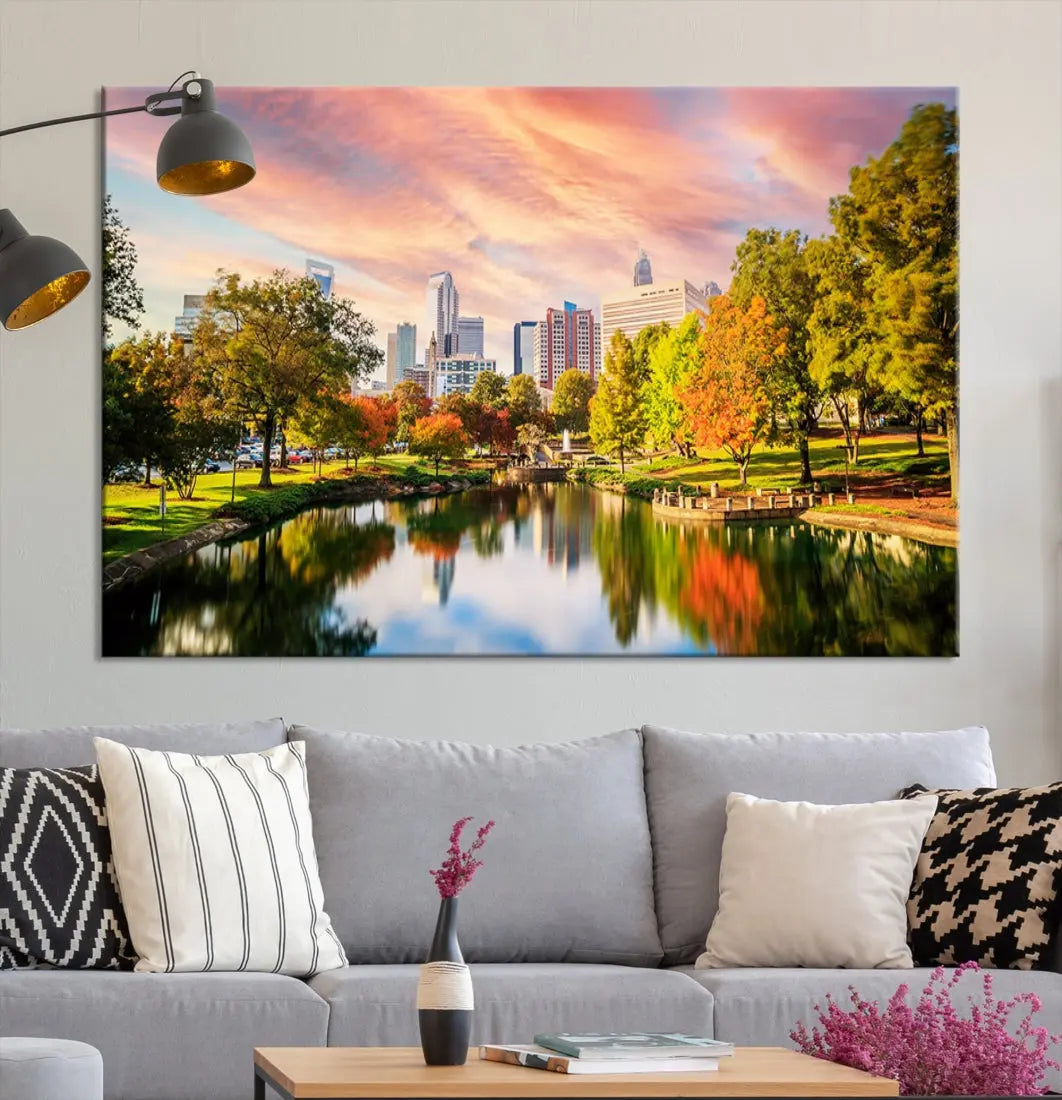 Charlotte City Park Pink and Orange Sunset Framed Canvas Art Print