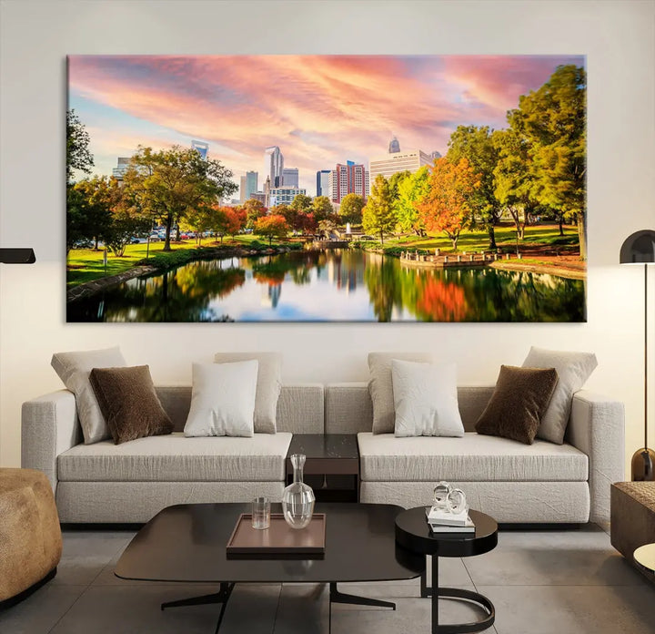 Charlotte City Park Pink and Orange Sunset Framed Canvas Art Print