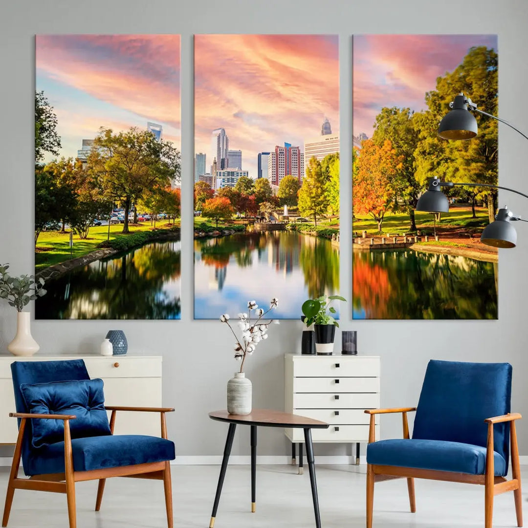 Charlotte City Park Pink and Orange Sunset Framed Canvas Art Print