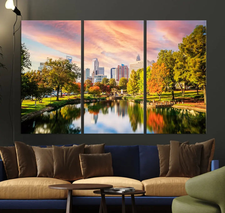 Charlotte City Park Pink and Orange Sunset Framed Canvas Art Print