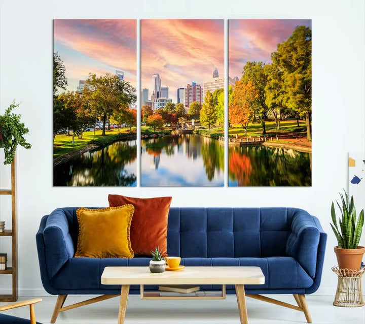 Charlotte City Park Pink and Orange Sunset Framed Canvas Art Print