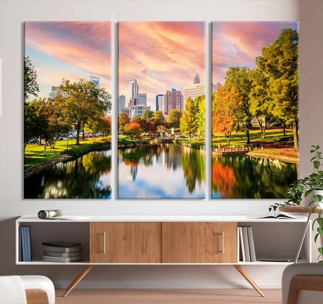 Charlotte City Park Pink and Orange Sunset Framed Canvas Art Print