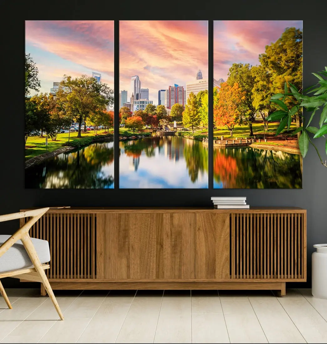 Charlotte City Park Pink and Orange Sunset Framed Canvas Art Print