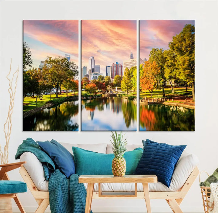 Charlotte City Park Pink and Orange Sunset Framed Canvas Art Print