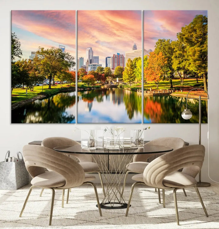 Charlotte City Park Pink and Orange Sunset Framed Canvas Art Print