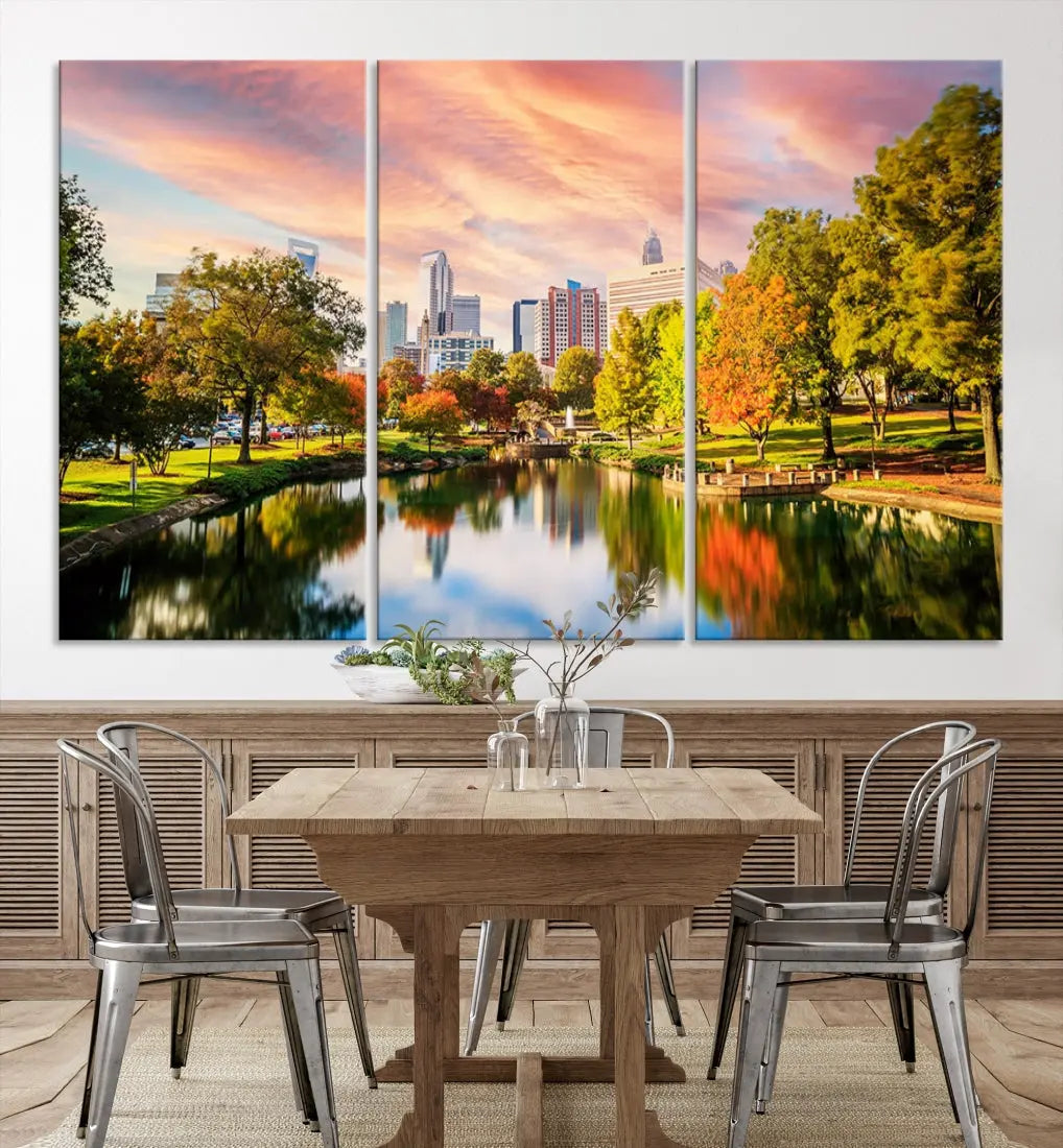 Charlotte City Park Pink and Orange Sunset Framed Canvas Art Print