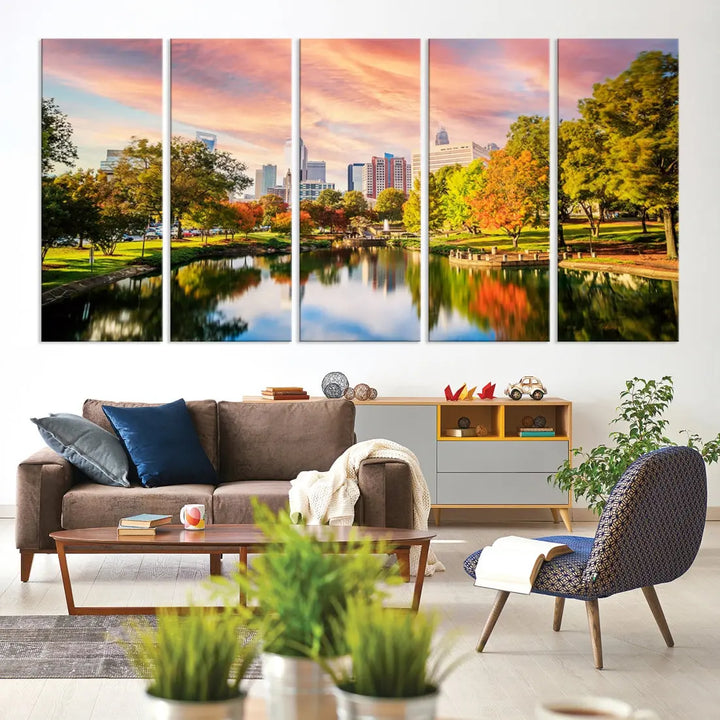 Charlotte City Park Pink and Orange Sunset Framed Canvas Art Print