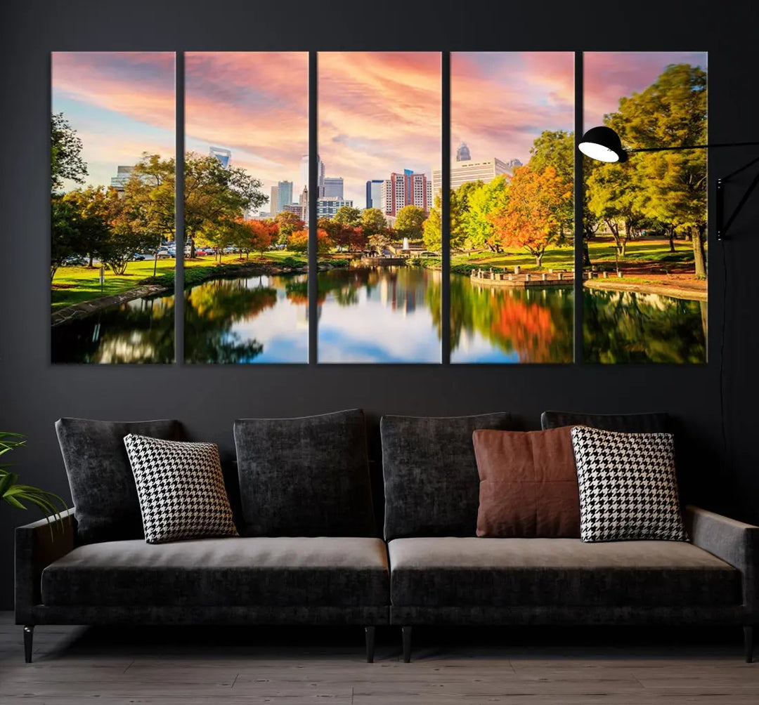 Charlotte City Park Pink and Orange Sunset Framed Canvas Art Print