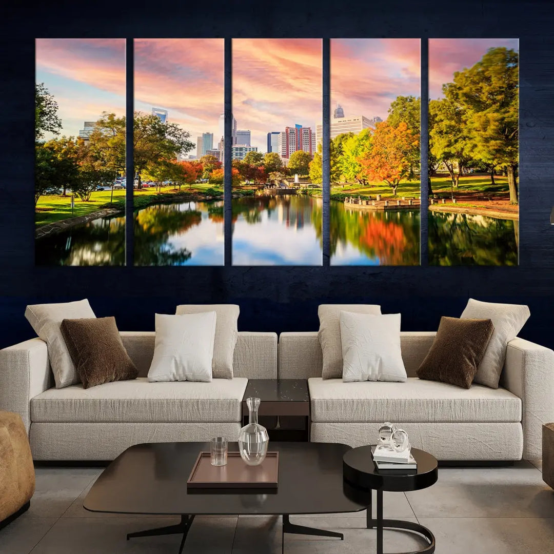 Charlotte City Park Pink and Orange Sunset Framed Canvas Art Print