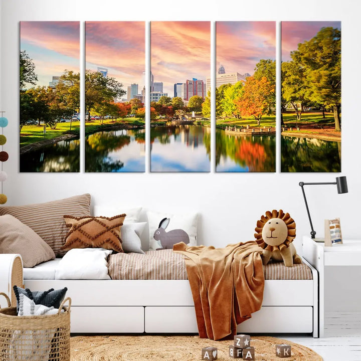 Charlotte City Park Pink and Orange Sunset Framed Canvas Art Print