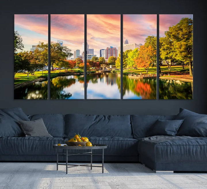 Charlotte City Park Pink and Orange Sunset Framed Canvas Art Print