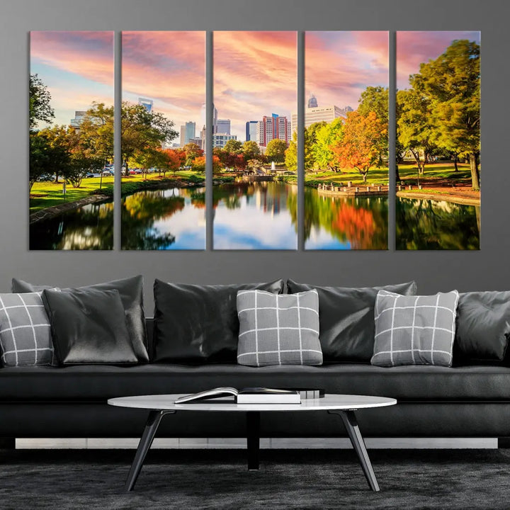 Charlotte City Park Pink and Orange Sunset Framed Canvas Art Print