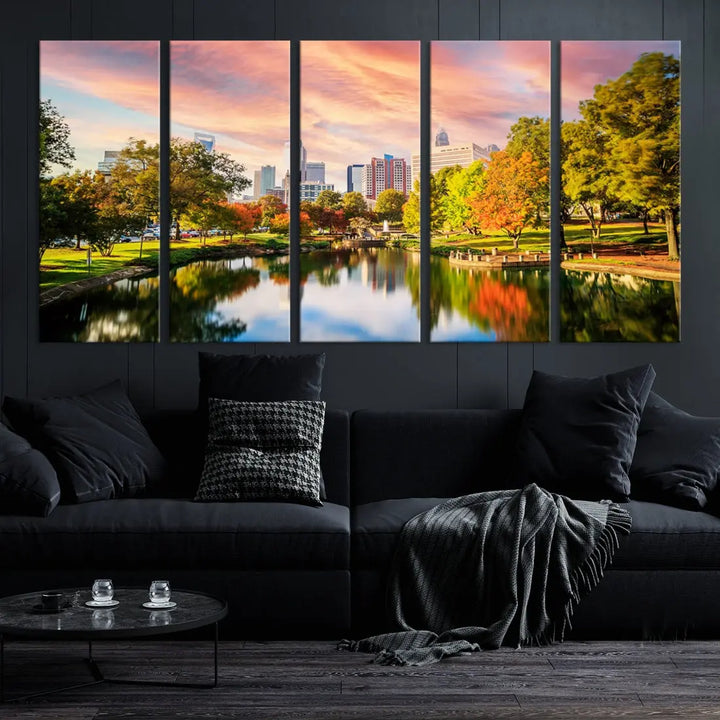 Charlotte City Park Pink and Orange Sunset Framed Canvas Art Print