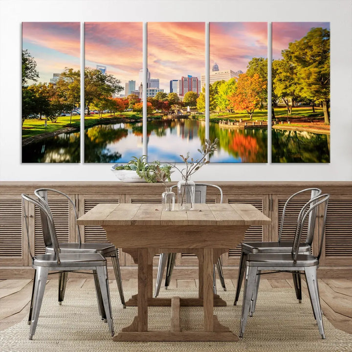 Charlotte City Park Pink and Orange Sunset Framed Canvas Art Print