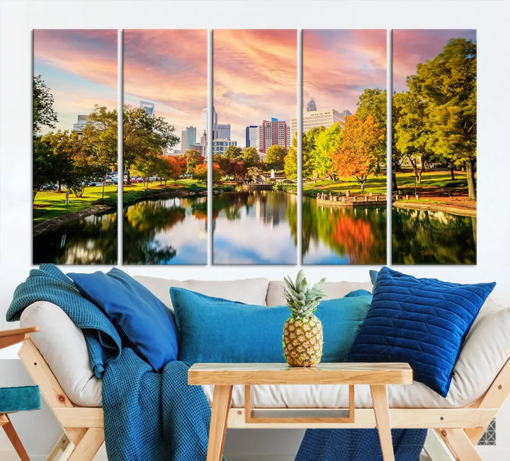 Charlotte City Park Pink and Orange Sunset Framed Canvas Art Print