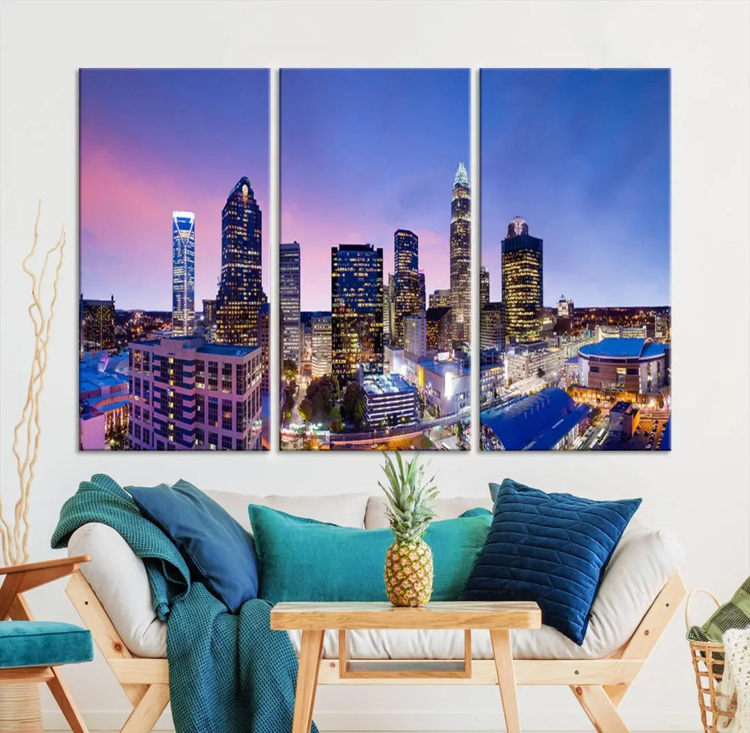 Charlotte City Pastel Blue Skyline at Sunset Large Wall Art Canvas Print