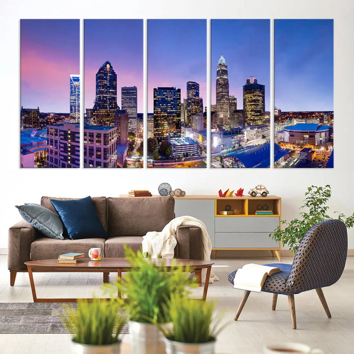 Charlotte City Pastel Blue Skyline at Sunset Large Wall Art Canvas Print