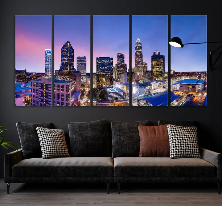 Charlotte City Pastel Blue Skyline at Sunset Large Wall Art Canvas Print