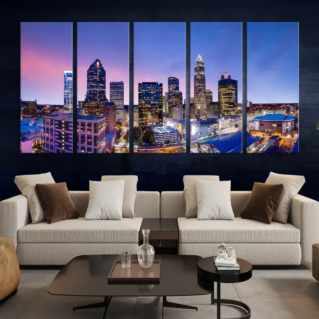 Charlotte City Pastel Blue Skyline at Sunset Large Wall Art Canvas Print