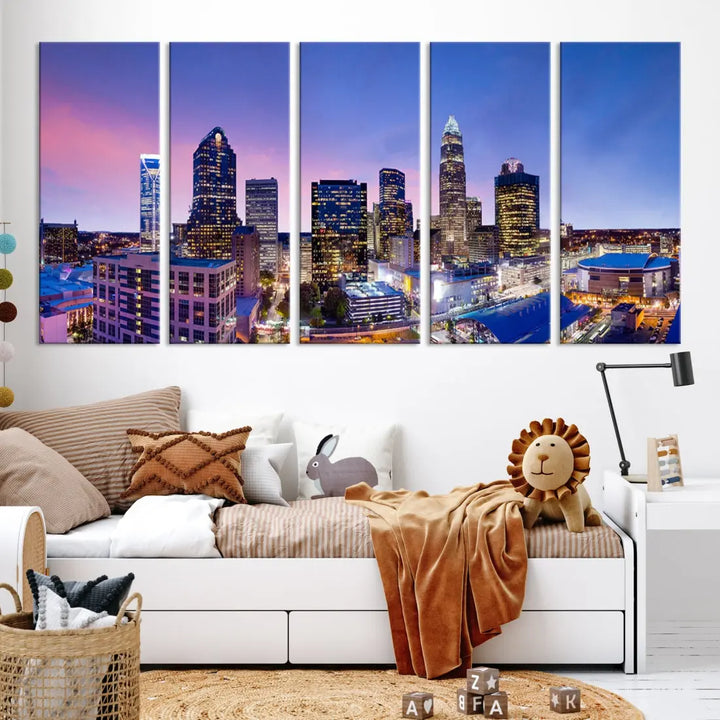 Charlotte City Pastel Blue Skyline at Sunset Large Wall Art Canvas Print