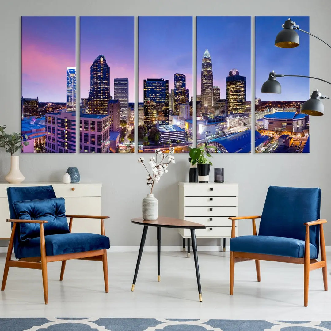 Charlotte City Pastel Blue Skyline at Sunset Large Wall Art Canvas Print