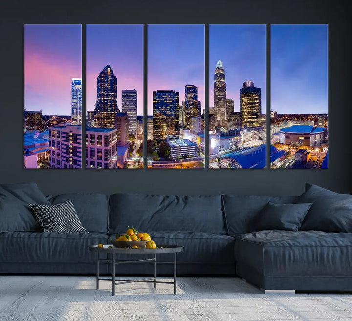 Charlotte City Pastel Blue Skyline at Sunset Large Wall Art Canvas Print