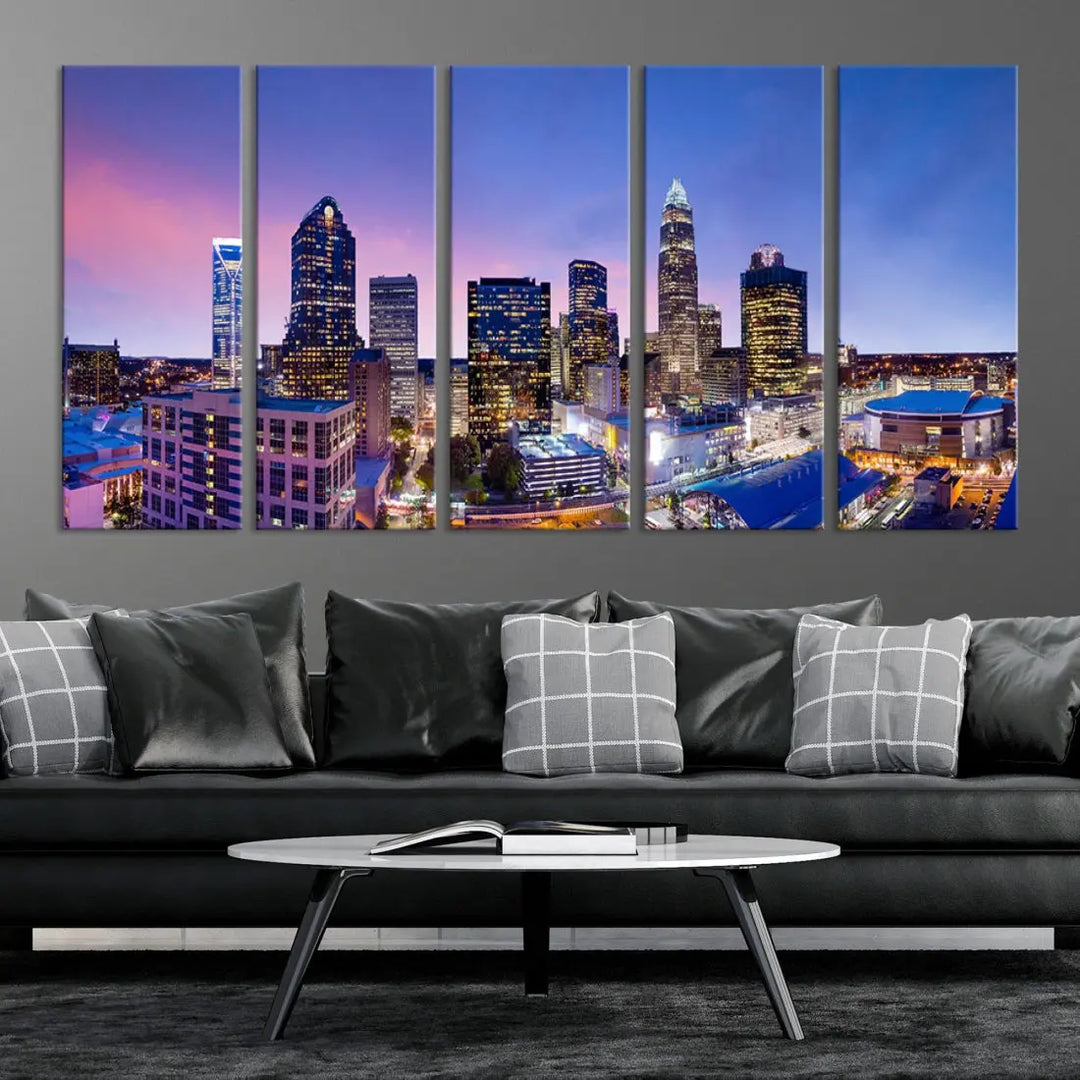 Charlotte City Pastel Blue Skyline at Sunset Large Wall Art Canvas Print