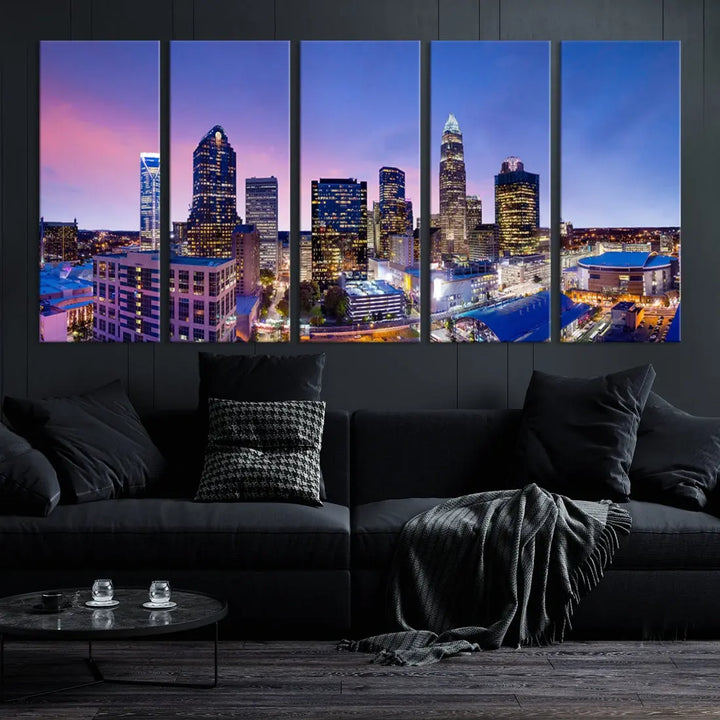 Charlotte City Pastel Blue Skyline at Sunset Large Wall Art Canvas Print