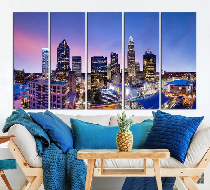 Charlotte City Pastel Blue Skyline at Sunset Large Wall Art Canvas Print