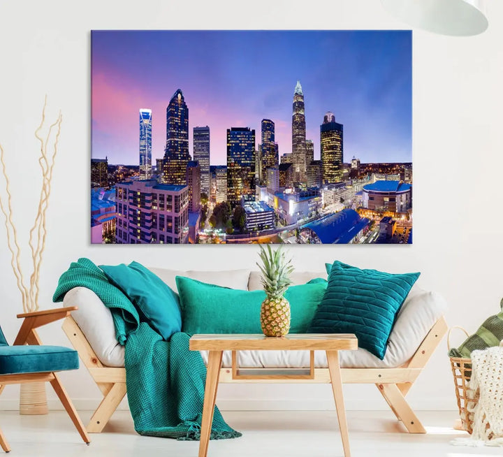 Charlotte City Pastel Blue Skyline at Sunset Large Wall Art Canvas Print