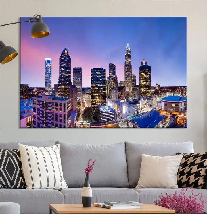 Charlotte City Pastel Blue Skyline at Sunset Large Wall Art Canvas Print