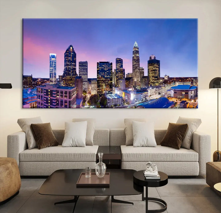 Charlotte City Pastel Blue Skyline at Sunset Large Wall Art Canvas Print