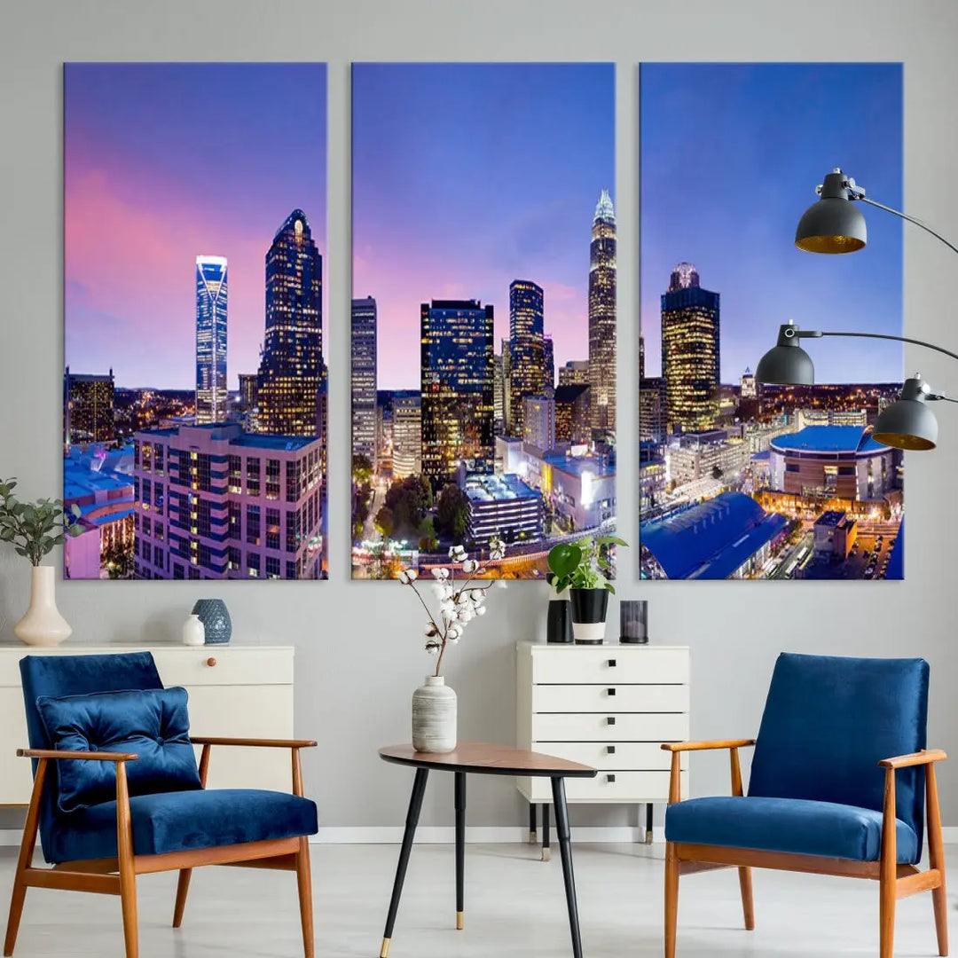 Charlotte City Pastel Blue Skyline at Sunset Large Wall Art Canvas Print