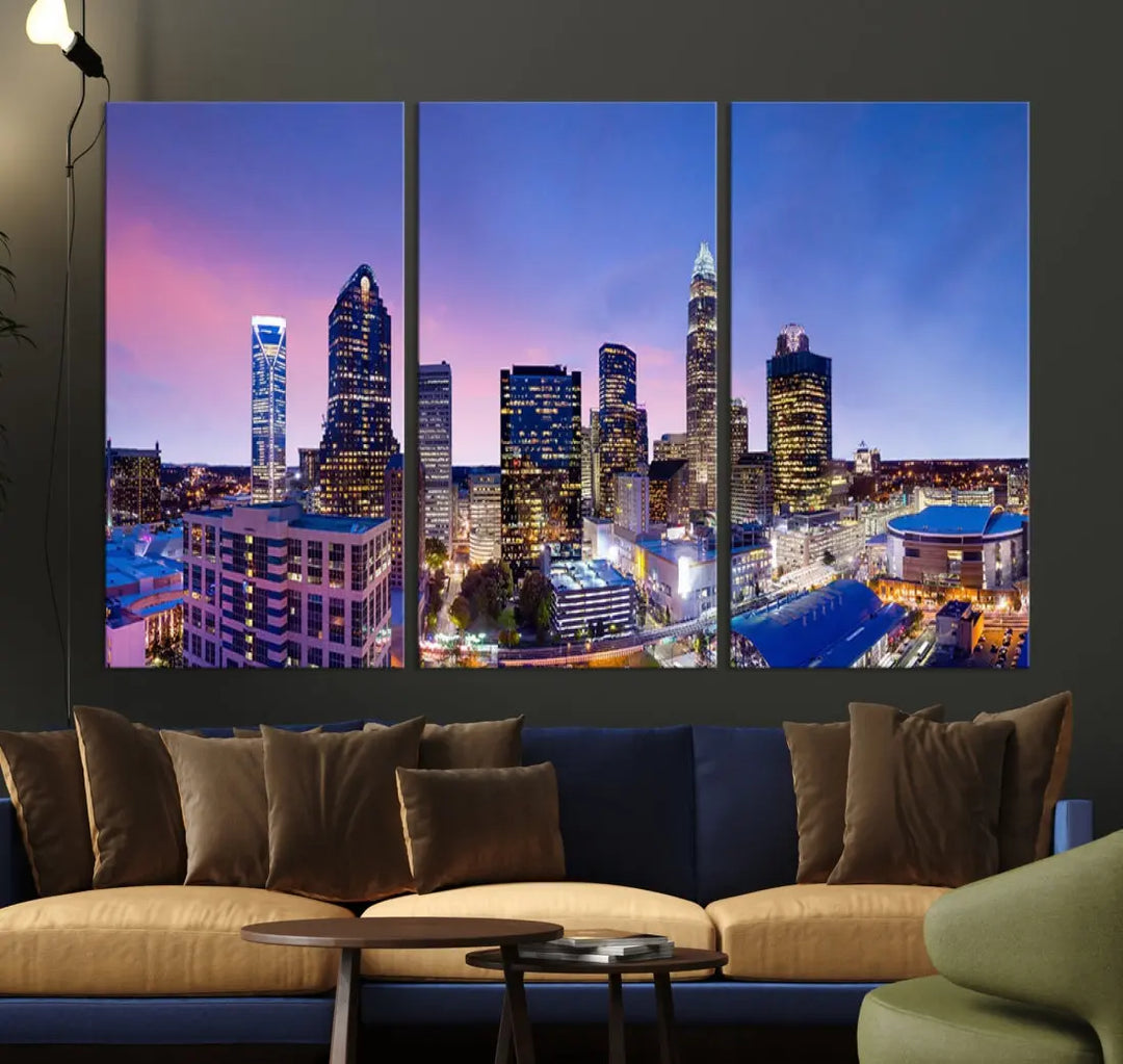 Charlotte City Pastel Blue Skyline at Sunset Large Wall Art Canvas Print