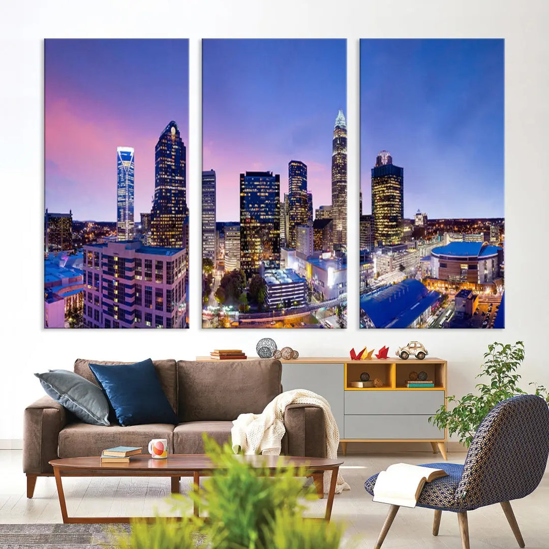 Charlotte City Pastel Blue Skyline at Sunset Large Wall Art Canvas Print