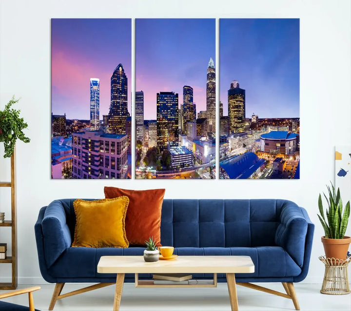 Charlotte City Pastel Blue Skyline at Sunset Large Wall Art Canvas Print